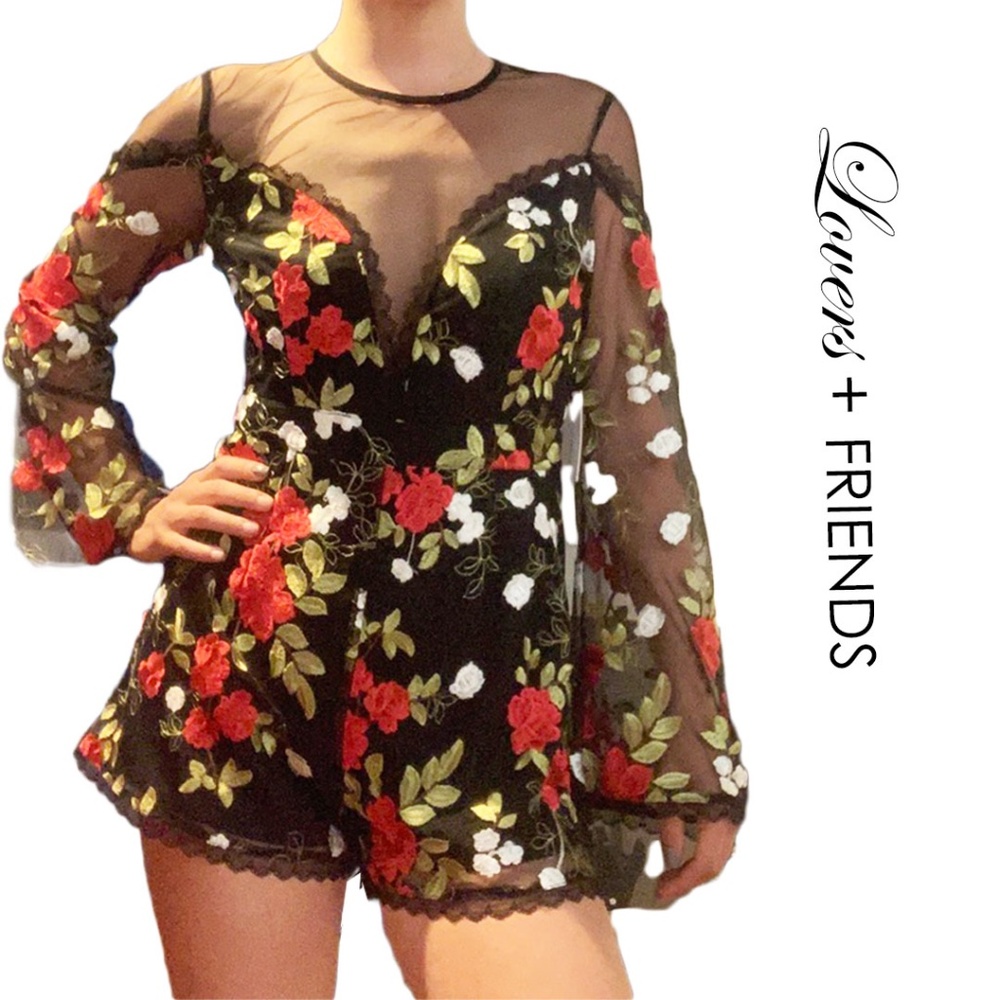 NWOT Lovers + Friends black and red floral lace romper jumpsuit